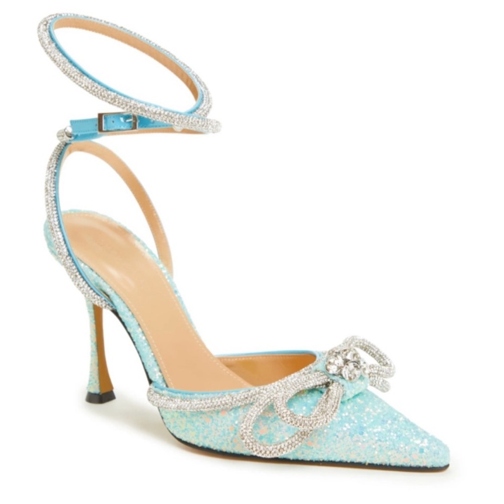 Mach & Mach Blue Double Crystal Bow Glitter Pump